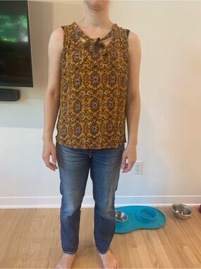 Mustard Printed Tie-Neck Sleeveless Top